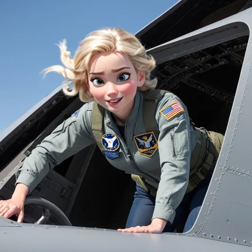 Prompt: Elsa climbs aboard an F-35 as an Air Force pilot