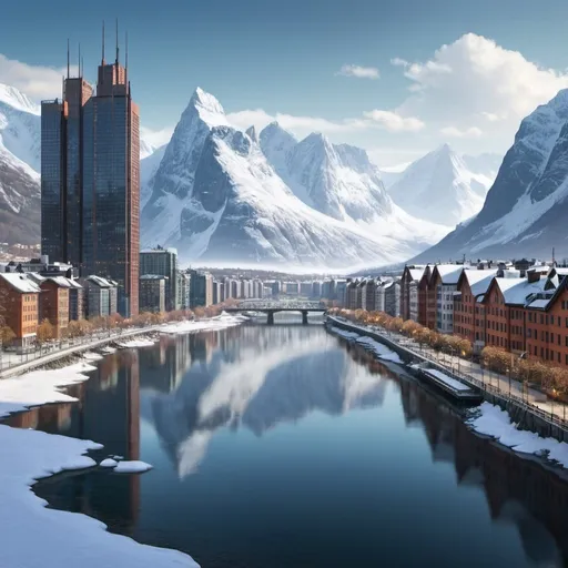 Prompt: City, snow mountain in the distance, fjord,skyscrapers and towers,lake, bridge, forest, river