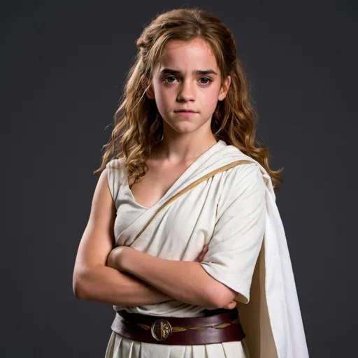 Prompt: Hermione Granger in white toga holding