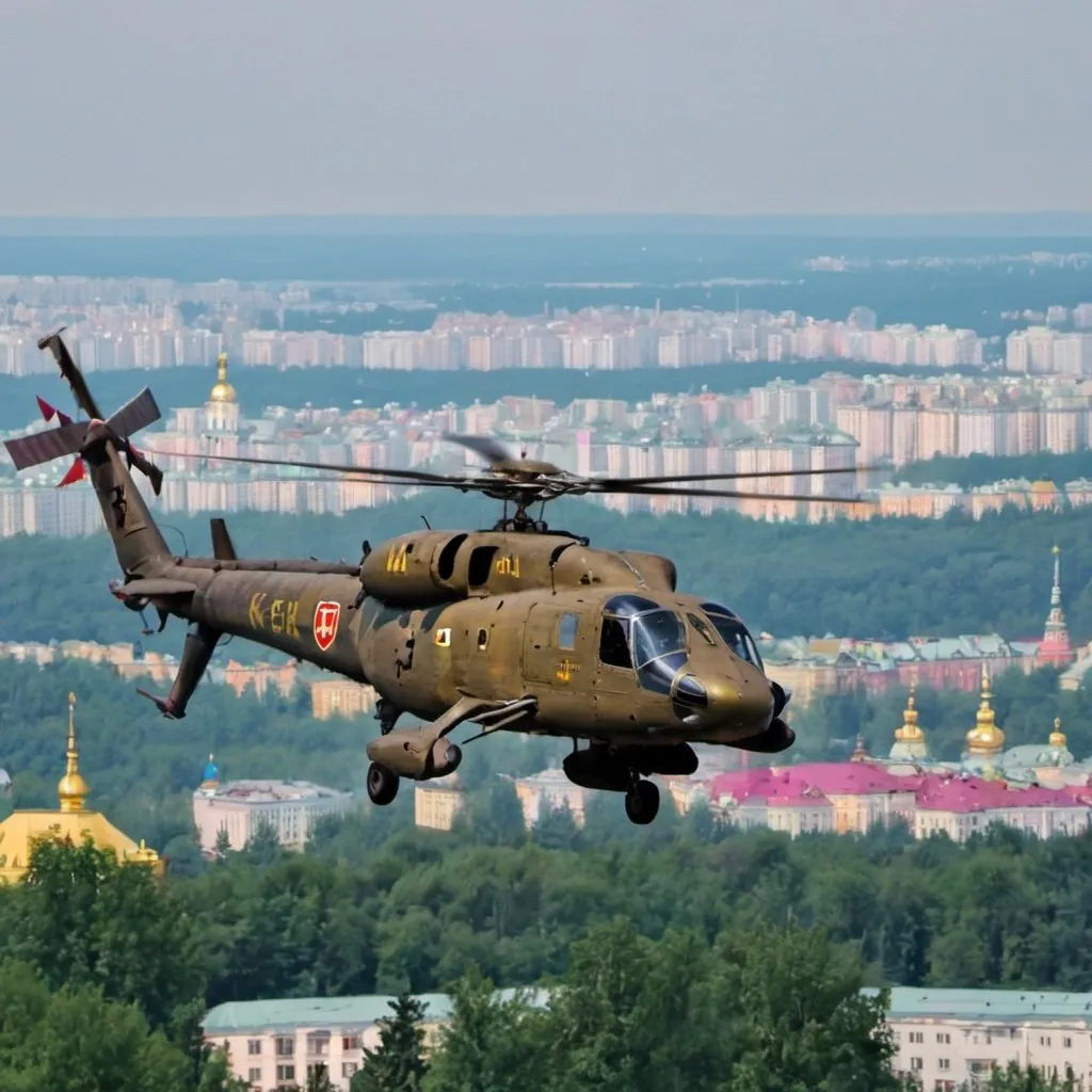 Prompt: A dragon with “Z” mark fly over Kyiv and battle with helicopter