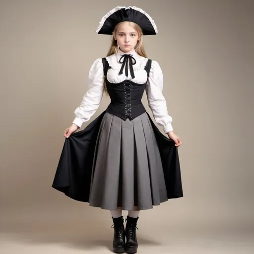 Prompt: girl in bonnet, neck corset, corset, school uniform, cloak that cover her hands and arms, ankle long-pencil skirt, wedge boots