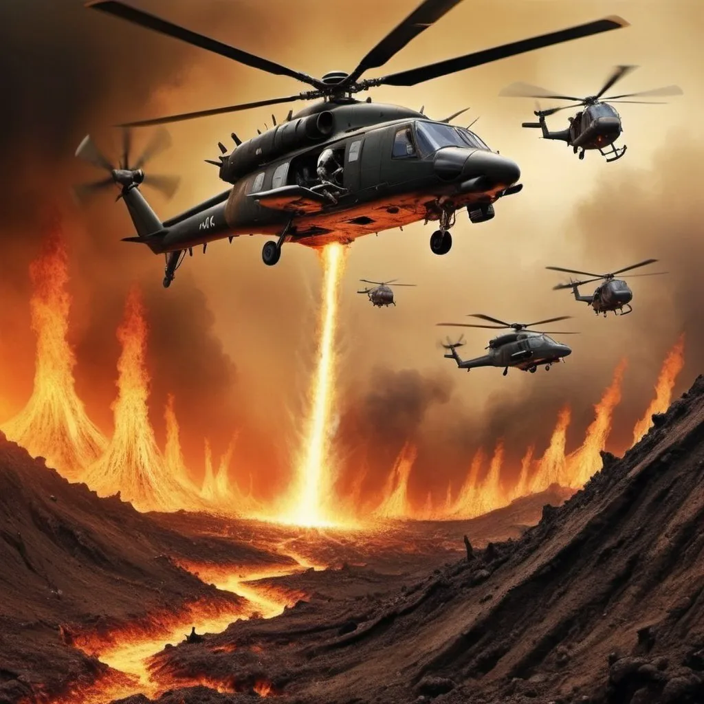 Prompt: Mortal helicopters and jets fly through a hole in Earth's surface, flying into hell(a.k.a. SubTerrestrial world) and marching against monsters
