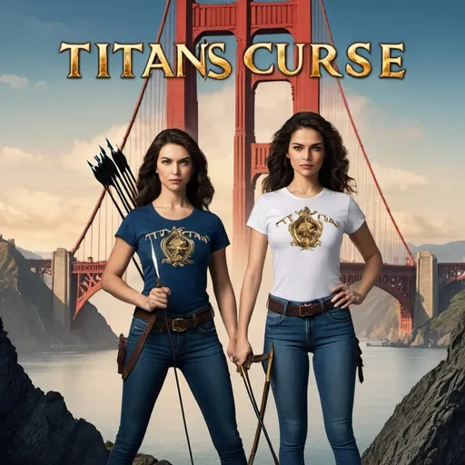 Prompt: Crest a movie poster for The Titan’s Curse, with the Golden Gate Bridget in the distance, and Bianca di Angelo stand in the front, wearing T-shirts and jeans, holding a bow and arrows