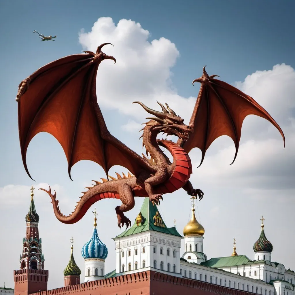 Prompt: A dragon with “Z” mark fly over Kremlin as book cover