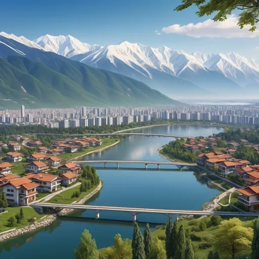 Prompt: In the distance are snow-capped mountains and forests, dotted with small villas. The river flows from the mountains in the distance into the nearby city.  Internationalism-style skyscrapers in the city are surrounded by houses and villas. In front of the city is a lake, and above the lake is a bridge. high-speed train on the bridge.