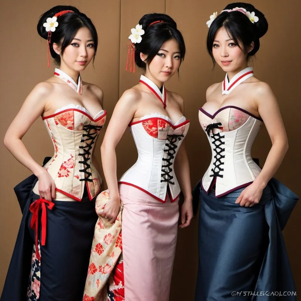 Prompt: Japanese traditional clothing inspired corsets, hobble skirt