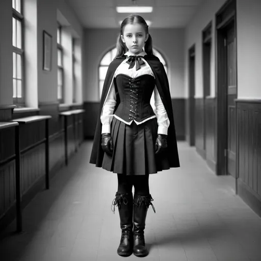 Prompt: Girl in school uniform with corset, neck corset, mono glove covered by cloak, boots, 