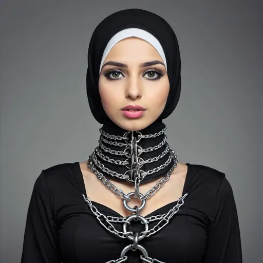 Prompt: Girl in hijab, chained locked neck corset