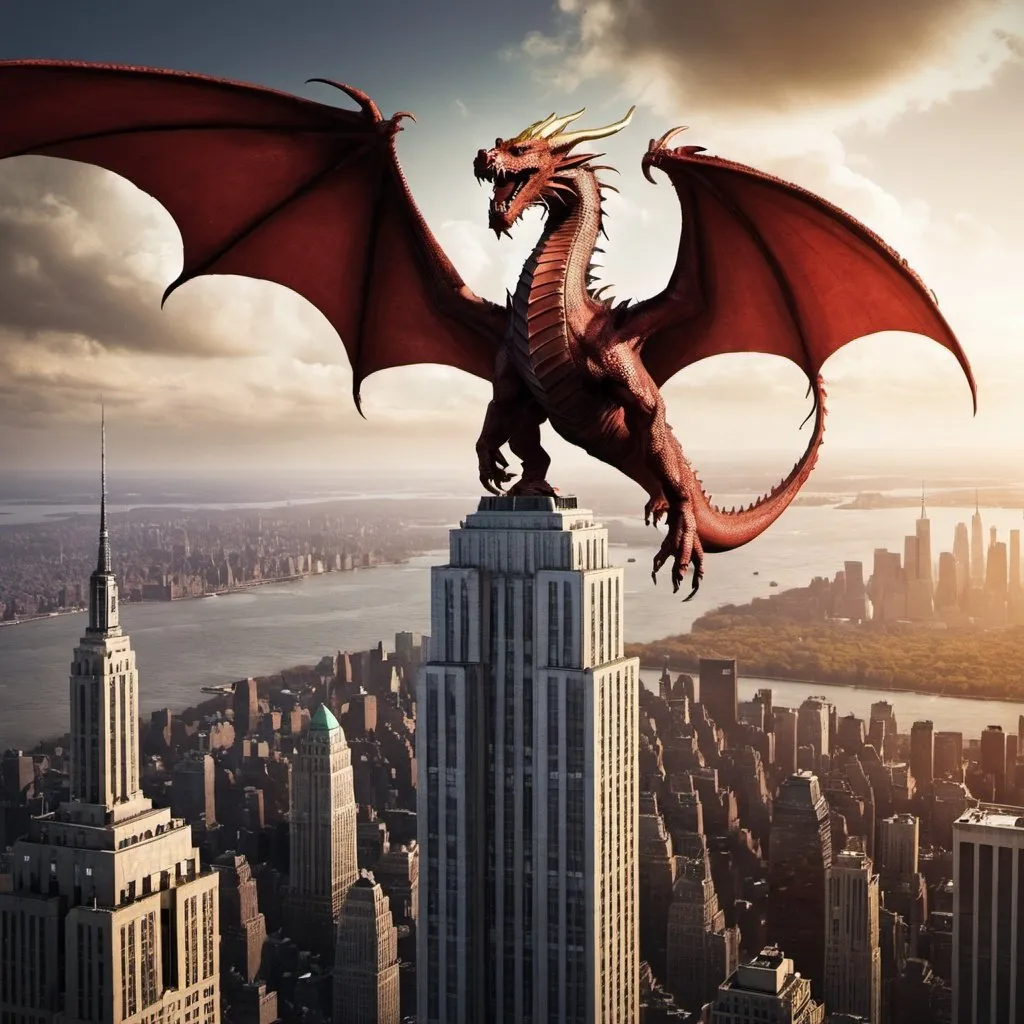 Prompt: Create a book cover for The Last Olympian, with a dragon climbed up the Empire State Building.