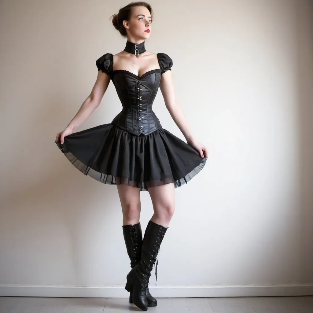 Prompt: girl in neck corset, corset, pencil skirt, ballet wedget boots