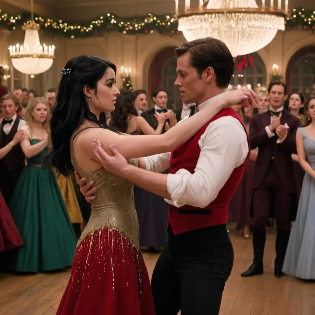 Prompt: Anna Lightwood and Ariadne Bridgestock dancing in Christmas Ball, with every couple shocked and looking in distance