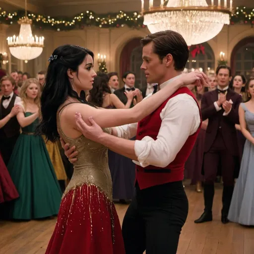 Prompt: Anna Lightwood and Ariadne Bridgestock dancing in Christmas Ball, with every couple shocked and looking in distance