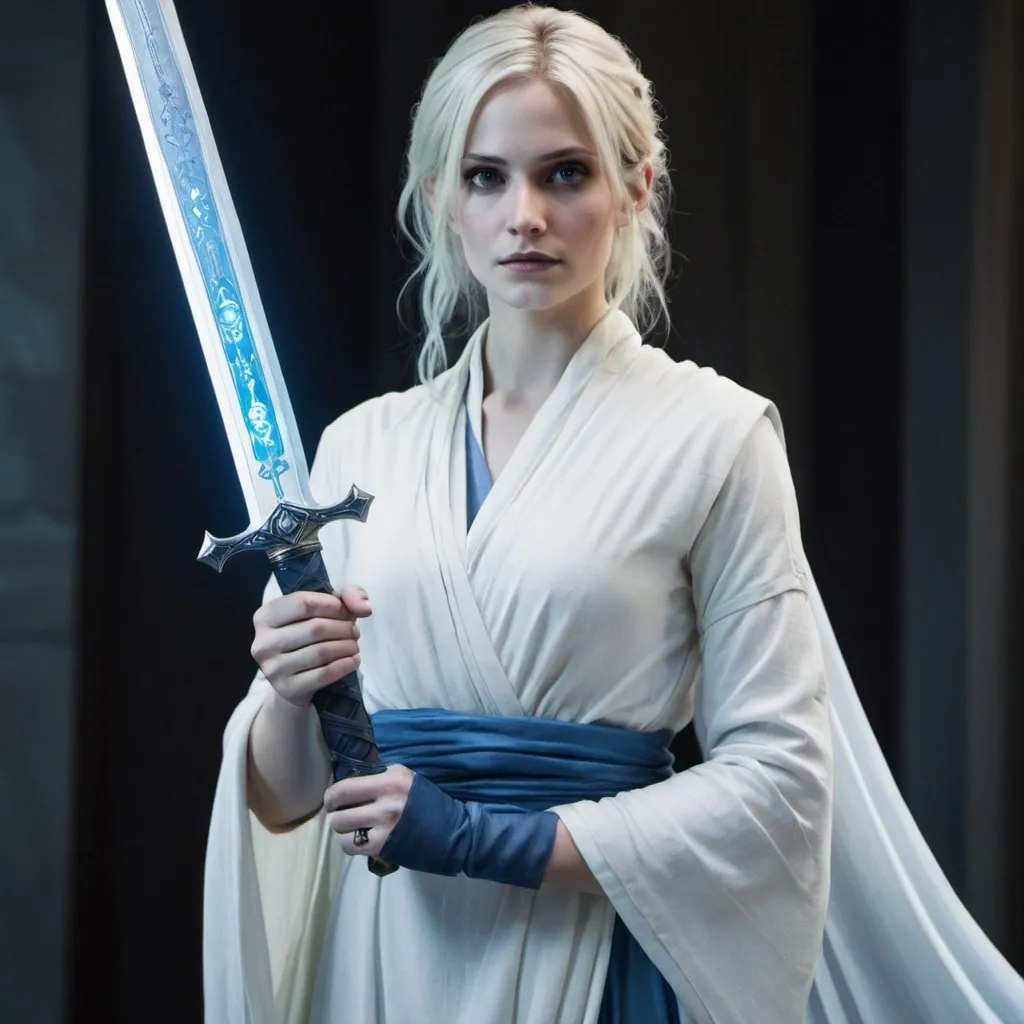 Prompt: Emma Carstairs in white toga holding Cortana the Sword