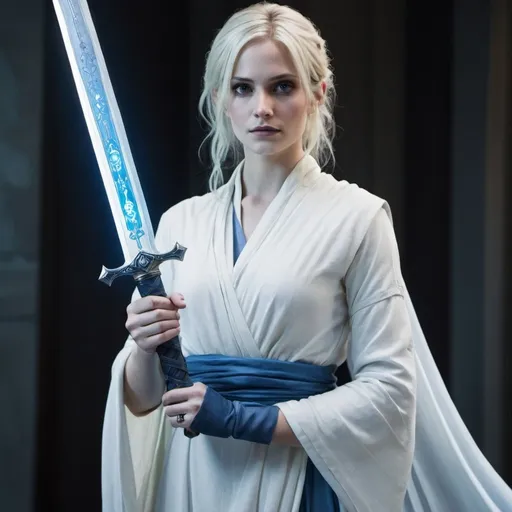 Prompt: Emma Carstairs in white toga holding Cortana the Sword