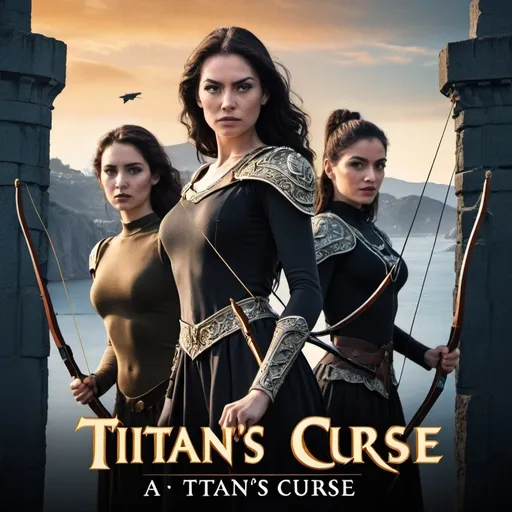 Prompt: Crest a movie poster for The Titan’s Curse, with the Golden Gate Bridget in the distance, and Bianca di Angelo stand in the front, holding a bow and arrows