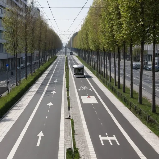 Prompt: a road with a tramway and a bicycle highway