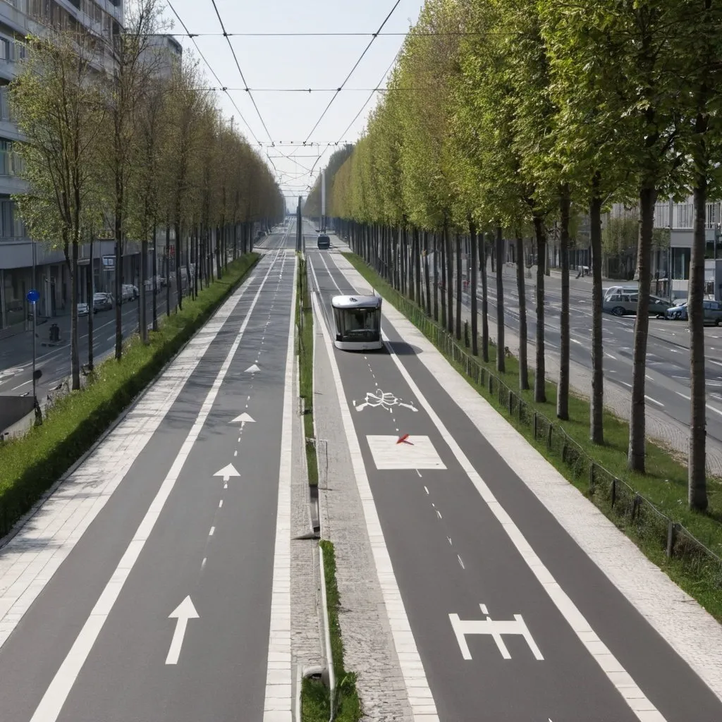 Prompt: a road with a tramway and a bicycle highway