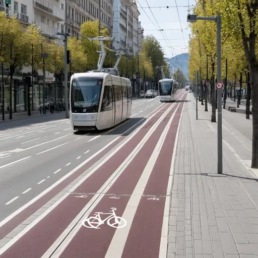 Prompt: a road with a tramway and a protected bike lane