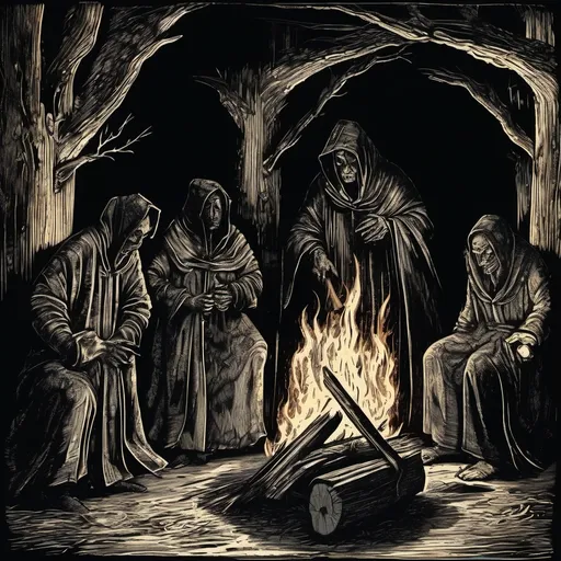 Prompt: A medieval wood cut of people being used as firewood by demons dressed in monks robes