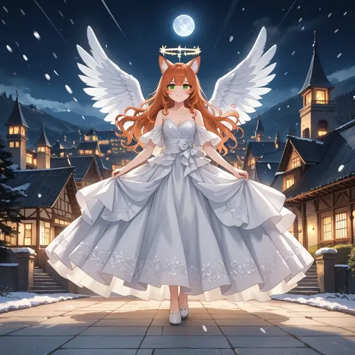 Prompt: 2 Angelic shy women with Angel wings, (anime style), calm gentle gestures, full Body, Red botanic in background, Dancing together, Halo behind head, Woman 1 has Long ginger waved hair, tall, Pale skin, freckless, she wears red detailed wedding gown, she has Green orange eyes, blushed cheeks, soft Smile, gentle, Woman 2 has kneelong Grey Long  Hair,  golden eyes, elegant detailed wedding, also Angel wings and berries in her hair. vibrant colors, moody atmosphere, Nightsky, shining milkyway, snowing, snowy landscape, moon, litten temple, city in Background, both Woman fox ears, White deer Walking in background, dynamic lighting effects, high detail, 4K resolution, modern aesthetic.