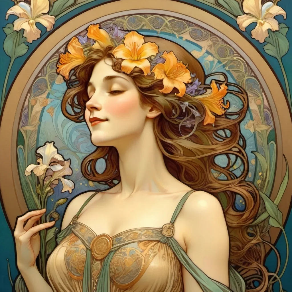 Prompt: Alphonse Mucha Style, art nouveau illustration of a Pious full body woman,women is standing in a garden of irises admiring the blooms, smiling softly. Long waved Brown Hair, soft lips Open honey eyes, around her head is a golden halo. there are swallows in the blue sky. thick lines, intricate botanical details, beautiful colors of green and orange and yellow, nature inspired