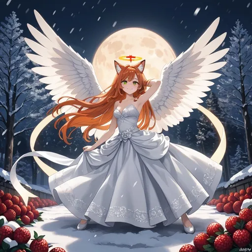 Prompt: 2 Angelic shy women with Angel wings, (anime style), calm gentle gestures, full Body, Red berries in background, Dancing, Halo behind head, Woman 1 has Long ginger waved hair, Pale skin, freckless, she wears Gras Green detailed wedding gown, she has Green orange eyes, blushed cheeks, soft Smile, gentle, Woman 2 has kneelong Grey Long  Hair,  golden eyes, elegant orange detailed wedding, also Angel wings and berries in her hair. vibrant colors, moody atmosphere, Nightsky, shining milkyway, snowing, snowy landscape, moon, litten temple in Background, Red fox, dynamic lighting effects, high detail, 4K resolution, modern aesthetic.