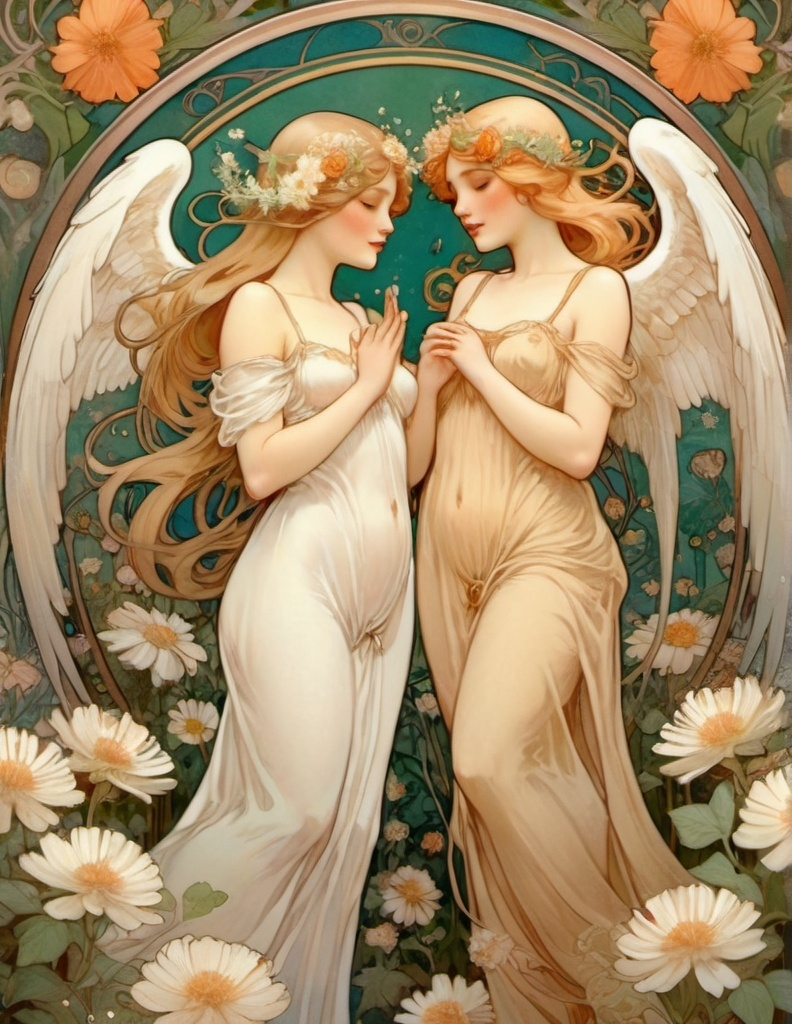 Prompt: Alphonse Mucha Style, art nouveau illustration of a Pious two full body women with White angel wings, pale skin, freckless, blushed cheeks, women are standing in a garden of blooming flowers, gentle gestures and Handmovement, shy gentle Gaze shy smile. Long waved White Hair, soft lips, big opened honey Hazel eyes, around her head is a golden halo and soft White Angel wings. Open golden eyes. Angelic look. Flowers in the hair. There are swallows in the blue sky. thick lines, intricate botanical details, beautiful colors of green and orange nature inspired