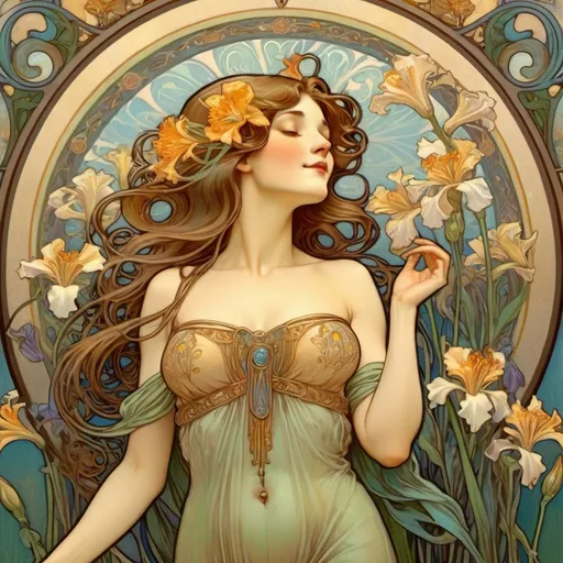 Prompt: Alphonse Mucha Style, art nouveau illustration of a Pious full body woman,women is standing in a garden of irises admiring the blooms, smiling softly. Long waved Brown Hair, soft lips Open honey eyes, around her head is a golden halo. there are swallows in the blue sky. thick lines, intricate botanical details, beautiful colors of green and orange and yellow, nature inspired