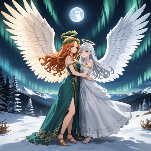 Prompt: 2 Angelic shy women with Angel wings, (anime style), calm gentle gestures, full Body, berry crown in her hair, Dancing, Halo behind head, Woman 1 has Long ginger waved hair, Pale skin, freckless, she wears Gras Green Renaissance Dress, she has Green orange eyes, blushed cheeks, soft Smile, gentle, Woman 2 hast very Long silver Hair, Tan skin, golden eyes, also Angel wings and berries in her hair. vibrant colors, moody atmosphere, Nightsky Aurora borealis, milkyway snowing, snowy landscape, moon, wolf Standing next to women. background, dynamic lighting effects, high detail, 4K resolution, modern aesthetic.