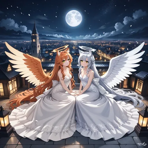 Prompt: 2 Angelic shy women with Angel wings, (anime style), calm gentle gestures, full Body, botanic in background, sitting at rooftop together, Halo behind head, Woman 1 has very Long ginger waved hair, tall, Pale skin, freckless, she wears red detailed wedding gown, she has Green orange eyes, blushed cheeks, soft Smile, gentle, Woman 2 has kneelong Grey Long  Hair,  golden eyes, elegant detailed wedding, also Angel wings and berries in her hair. vibrant colors, moody atmosphere, Nightsky, shining milkyway, snowing, snowy landscape, moon, litten temple, city in Background, both Women fox ears, shining background, dynamic lighting effects, high detail, 4K resolution, modern aesthetic.