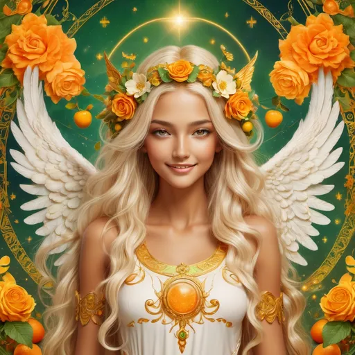 Prompt: In the year 1303, Gemini goddess with white Angel wings, golden eyes, full lips, smiling softly, charming gestures, full body Tan skin White waved Long Hair, flowers and berries in Hair, encompassing an intricate domain with Tarot inspired occult overtones and blending of hand-drawn energies and artistic 2D textures, orange yellow Green colors in Background, detailed animation captivating high definition capturing glamorous emotions and mysticism