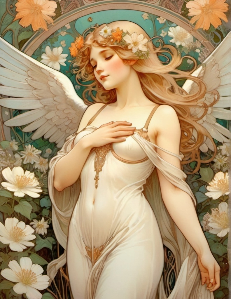 Prompt: Alphonse Mucha Style, art nouveau illustration of a Pious full body woman with White angel wings, pale skin, freckless, blushed cheeks, women is standing in a garden of blooming flowers, gentle gestures and Handmovement, shy gentle Gaze shy smile. Long waved White Hair, soft lips, big opened honey Hazel eyes, around her head is a golden halo and soft White Angel wings. Open golden eyes. Angelic look. Flowers in the hair. There are swallows in the blue sky. thick lines, intricate botanical details, beautiful colors of green and orange nature inspired