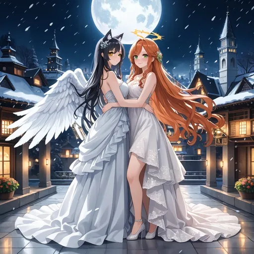 Prompt: 2 Angelic shy women with Angel wings, (anime style), calm gentle gestures, full Body, botanic in background, cuddling together, Halo behind head, Woman 1 has very Long ginger waved hair, tall, Pale skin, freckless, she wears red detailed wedding gown, she has Green orange eyes, blushed cheeks, soft Smile, gentle, Woman 2 has kneelong Grey Long  Hair,  golden eyes, elegant detailed wedding, also Angel wings and berries in her hair. vibrant colors, moody atmosphere, Nightsky, shining milkyway, snowing, snowy landscape, moon, litten temple, city in Background, both Women fox ears, shining background, dynamic lighting effects, high detail, 4K resolution, modern aesthetic.