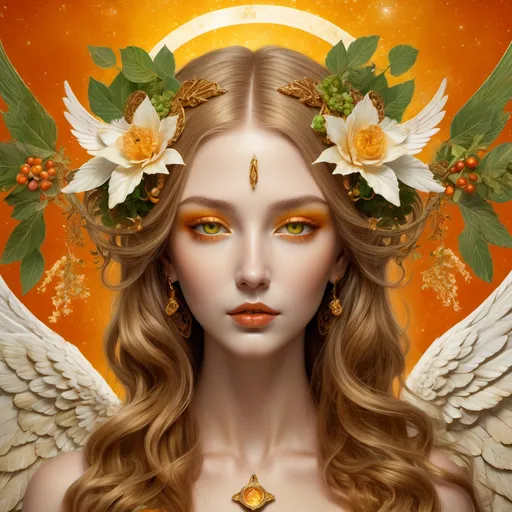 Prompt: In the year 1303, Gemini goddess with white Angel wings, golden eyes, full lips, half body Pale skin Brown waved Long Hair, flowers and berries in Hair, encompassing an intricate domain with Tarot inspired occult overtones and blending of hand-drawn energies and artistic 2D textures, orange yellow Green colors in Background, detailed animation captivating high definition capturing glamorous emotions and mysticism