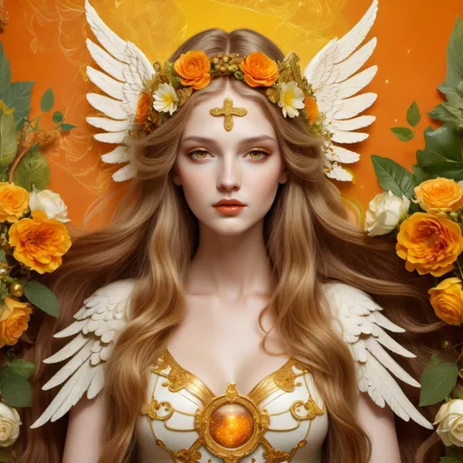 Prompt: In the year 1303, Gemini goddess with white Angel wings, golden eyes, full lips, half body Pale skin Brown waved Long Hair, flowers and berries in Hair, encompassing an intricate domain with Tarot inspired occult overtones and blending of hand-drawn energies and artistic 2D textures, orange yellow Green colors in Background, detailed animation captivating high definition capturing glamorous emotions and mysticism