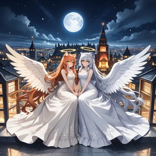 Prompt: 2 Angelic shy women with Angel wings, (anime style), calm gentle gestures, full Body, botanic in background, sitting at rooftop together, Halo behind head, Woman 1 has very Long ginger waved hair, tall, Pale skin, freckless, she wears red detailed wedding gown, she has Green orange eyes, blushed cheeks, soft Smile, gentle, Woman 2 has kneelong Grey Long  Hair,  golden eyes, elegant detailed wedding, also Angel wings and berries in her hair. vibrant colors, moody atmosphere, Nightsky, shining milkyway, snowing, snowy landscape, moon, litten temple, city in Background, both Women fox ears, shining background, dynamic lighting effects, high detail, 4K resolution, modern aesthetic.