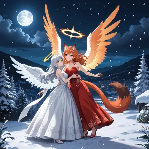 Prompt: 2 Angelic shy women with Angel wings, (anime style), calm gentle gestures, full Body, Red botanic in background, Dancing, Halo behind head, Woman 1 has Long ginger waved hair, Pale skin, freckless, she wears Gras Green detailed wedding gown, she has Green orange eyes, blushed cheeks, soft Smile, gentle, Woman 2 has kneelong Grey Long  Hair,  golden eyes, elegant orange detailed wedding, also Angel wings and berries in her hair. vibrant colors, moody atmosphere, Nightsky, shining milkyway, snowing, snowy landscape, moon, litten temple in Background, Red fox, dynamic lighting effects, high detail, 4K resolution, modern aesthetic.