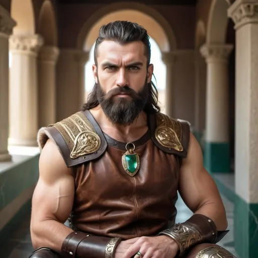 Prompt: dark hair bearded warrior king, Greek with, brown leather vest, blade and scathe with emerald ring,  sunlight kings hall, 