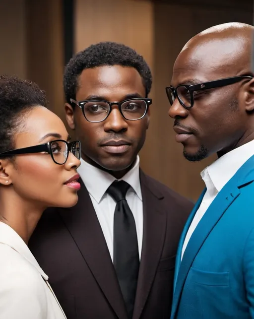 Prompt: Black lady admiring black man and woman wearing designer glasses 