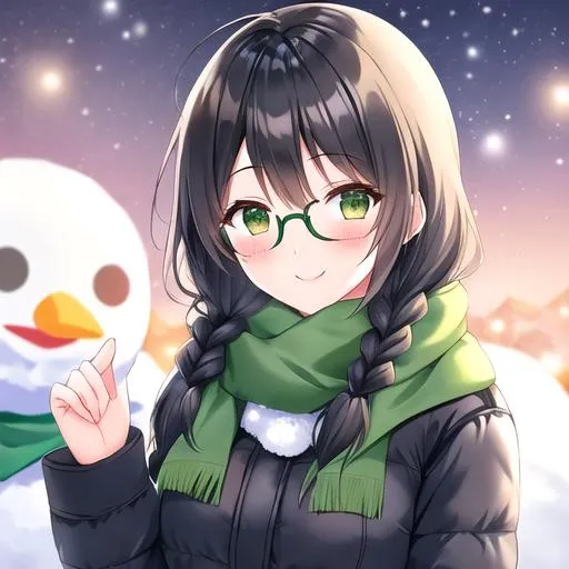 Prompt: A-28-years old girl
Smiling, Blushing
Standing around the snow, under the night sky, in front of the snowman 
Green down jacket, green scarf ,Black rimmed-glasses, 
Black-braids
Character portrait