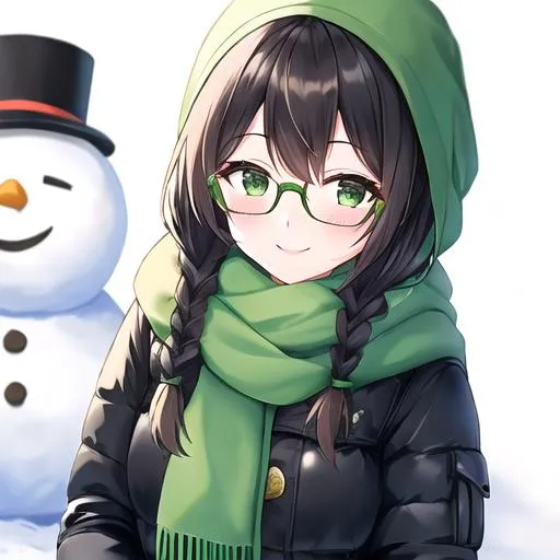 Prompt: A-24-years old girl
Smiling, Blushing
Standing around the snow, in front of the snowman 
Dark green down jacket, green scarf ,Black rimmed-glasses, 
Black-
braids
Character portrait