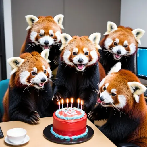 Prompt: Multiple Red Pandas celebrating another red panda's birthday at a Lan Party
