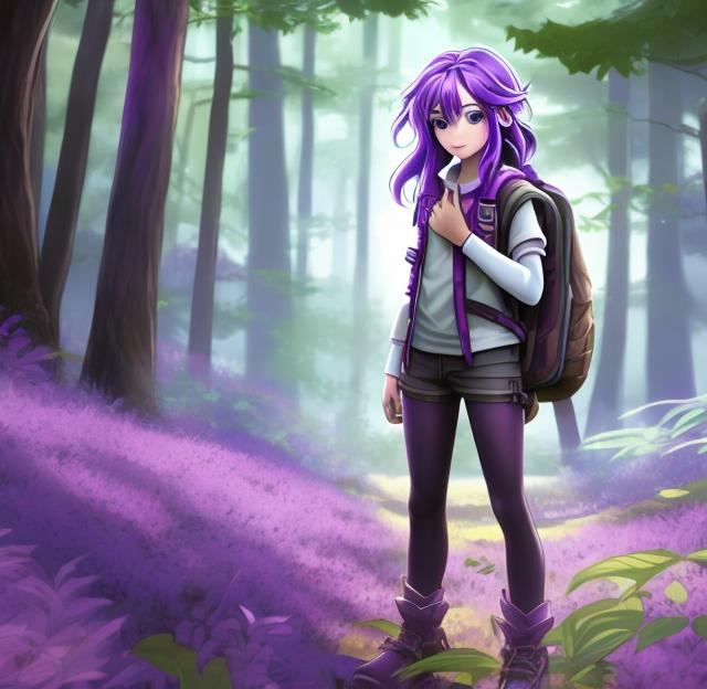 Prompt: Young woman, purple hair, video games hero, timid, in forest, 