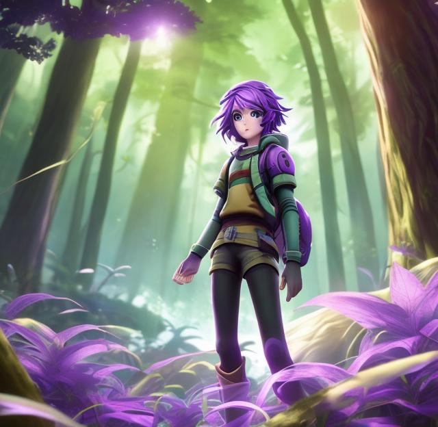 Prompt: Young woman, purple hair, video games hero, timid, in forest, 