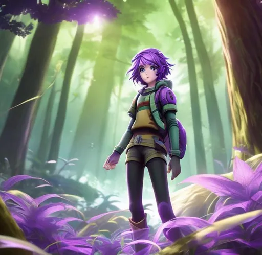 Prompt: Young woman, purple hair, video games hero, timid, in forest, 