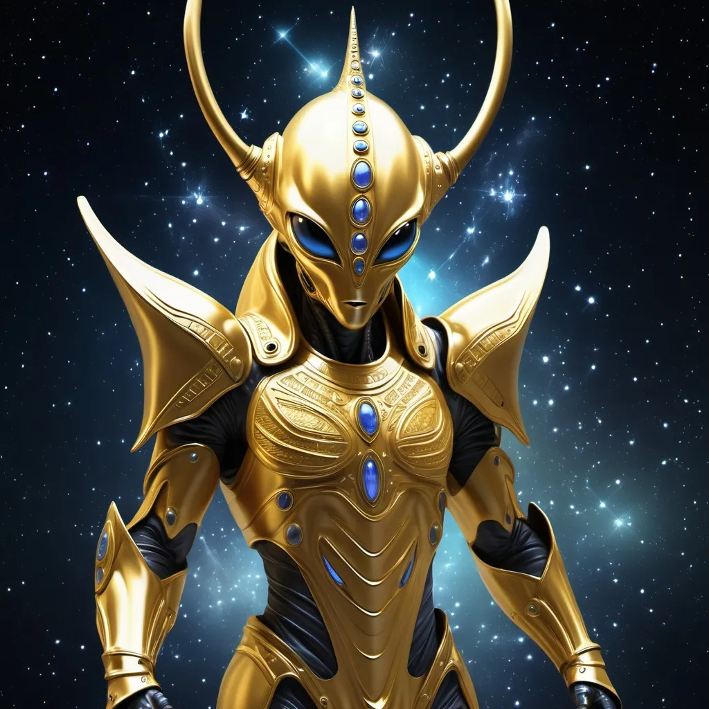 Prompt: crie uma imagem de um extraterrestre pleidiano vestido de armadura de ouro.