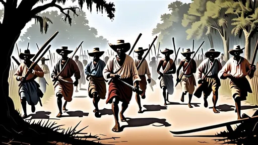 Prompt: Illustrate a group of 20 slaves in the year 1739 with muskets and machete's, marching down a dirt road in there tattered and torn clothing. They are the Stono Rebellion. 