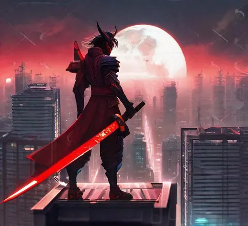 Prompt: Samurai of future with Red futuristic armor, long katana with glowing blade, standing on the rooftop od giantic skyscraper. In the background sky i dark, many high building Also flying cars and big moon