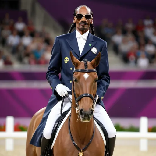 Prompt: Snoop Dogg is competing in the Olympic dressage event