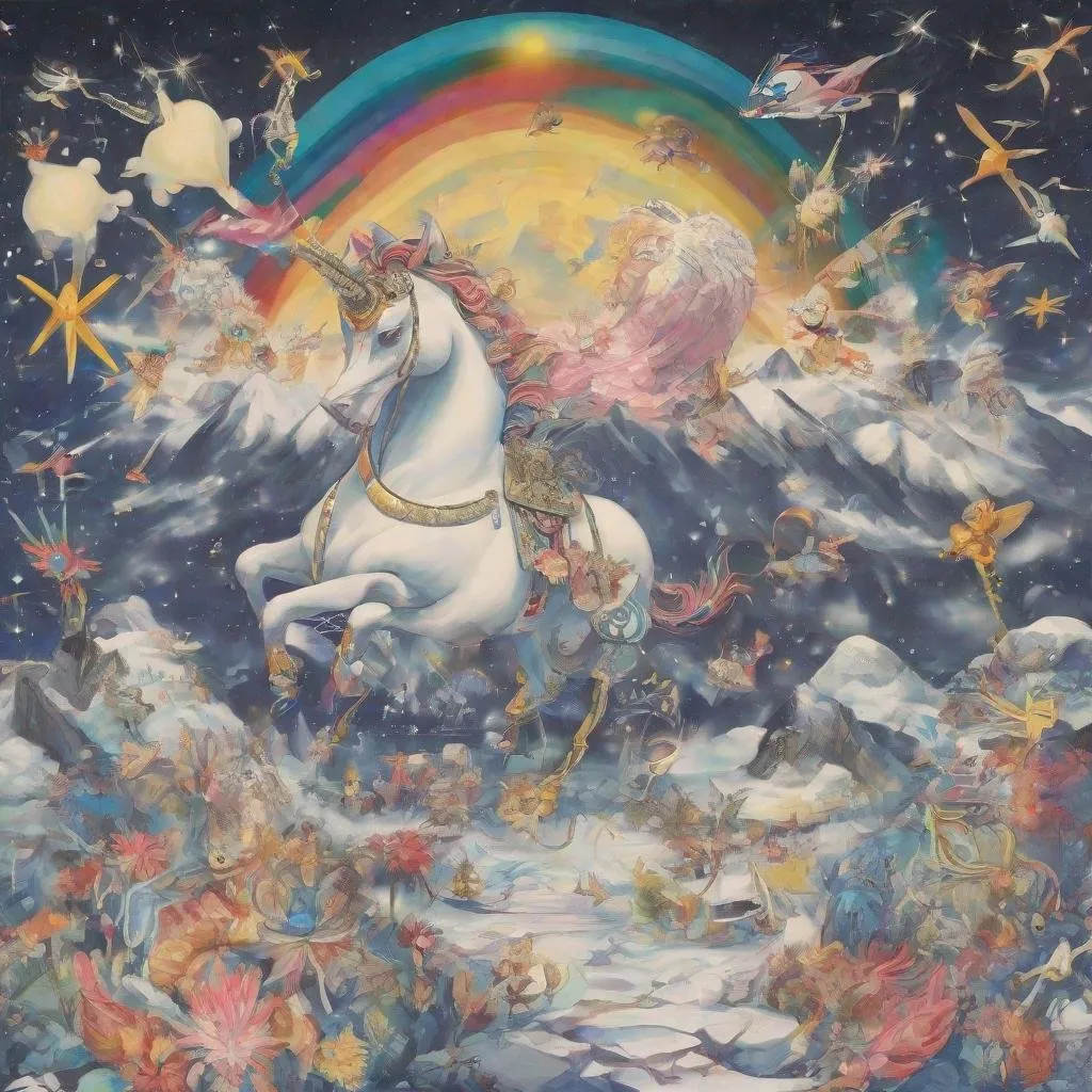 Prompt: Multi coloured unicorn in snowy mountains. At the front are Golden rabbits surrounded by toothbrushes and  flying aliens laughing.  Everything is shining and glistening. 